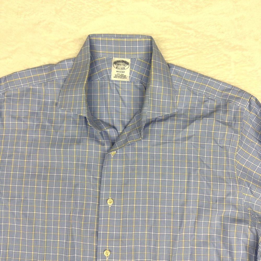 Brooks Brothers Regent Shirt Mens 16.5 34 Blue Yellow Check Non Iron Cotton